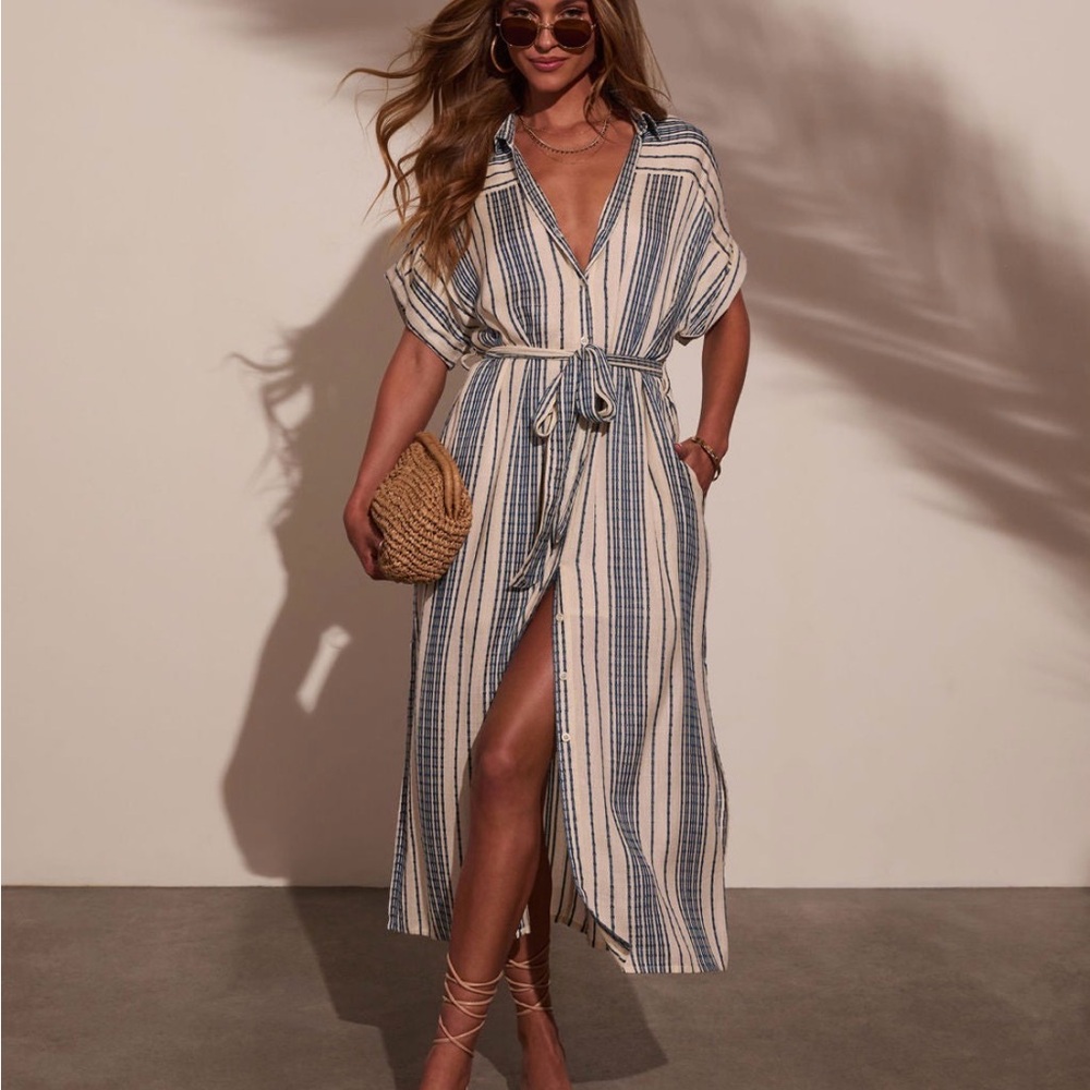Falling Sun Striped Midi Shirt Dress